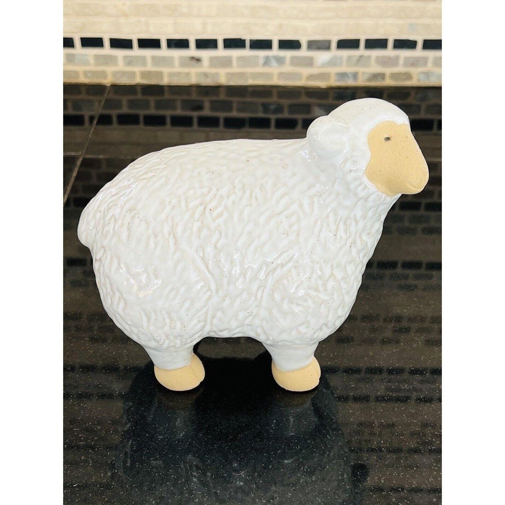 Cute Lamb Sheep Glazed Pottery Round Woolly Sheep Standing Figurine Farmcore